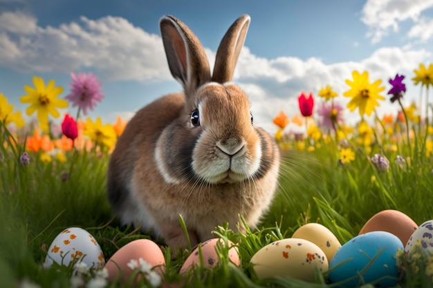 Easter bunny in a field with colorful eggs