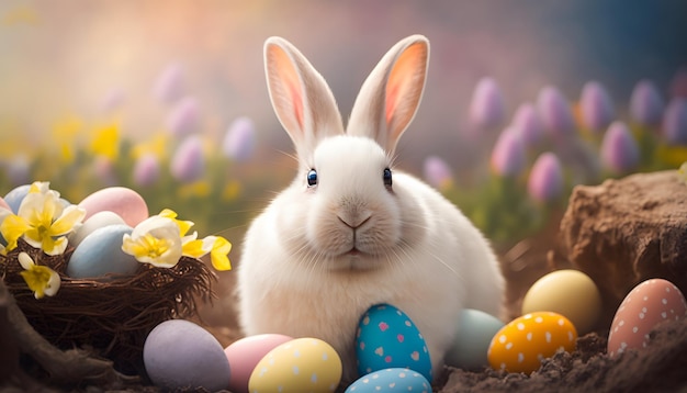 Easter bunny in a field with easter eggs