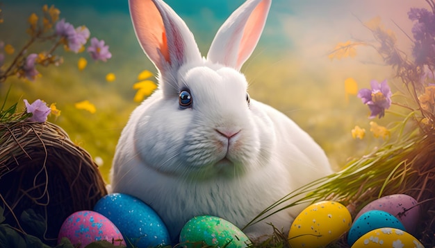 Easter bunny in a field with eggs