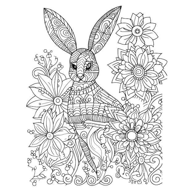 Easter bunny and flowers Zentangle style Hand drawn vector illustration