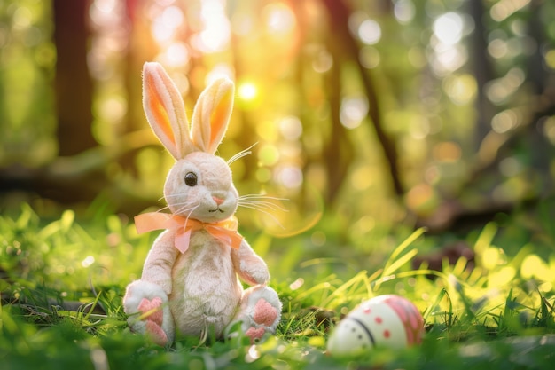 Photo easter bunny on a forest background generative ai