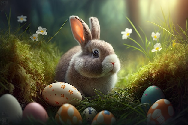 Easter bunny in the forest among Easter eggs