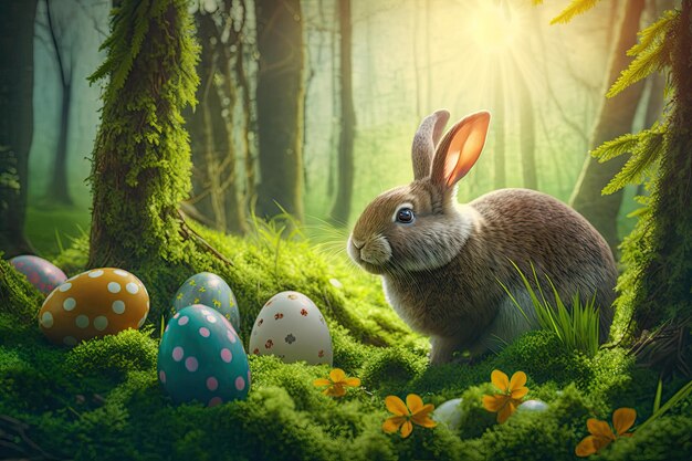 Пасхальный кролик в лесу среди пасхальных яиц