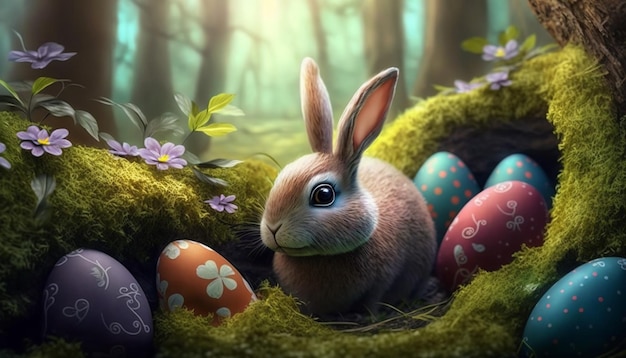 Easter bunny in the forest with easter eggs small fluffy rabbit is looking for colored decorated