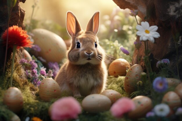 An Easter bunny frolics in the enchanting spring forest amidst vibrant flowers and Easter eggs creating a fairytale and magical atmosphere