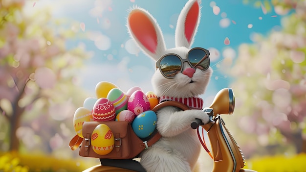 Easter bunny in glasses rides a motorcycle with eggs in a basket on a spring blooming street