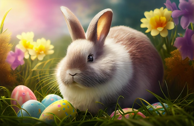 Easter bunny in the grass with easter eggs