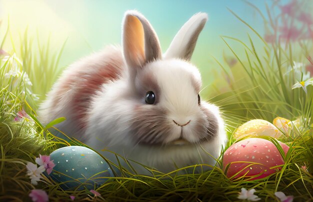 Easter bunny in the grass with painted eggs