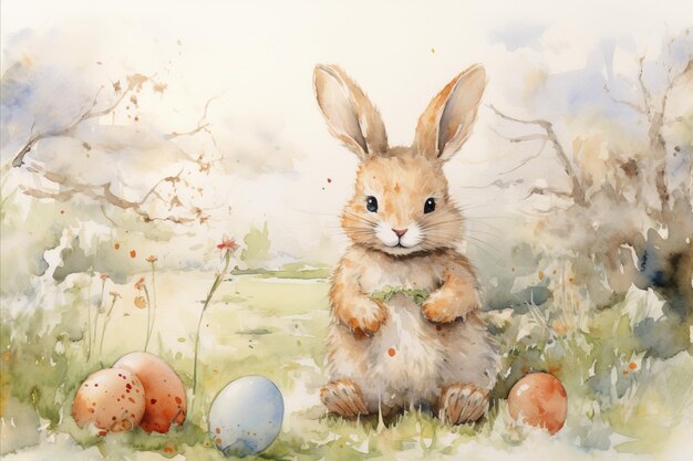 Photo easter bunny hiding eggs in a garden early morning light watercolor whimsical style ar 32 style raw v 52 job id 9864d5b010d746a59792be4d6146a2ee