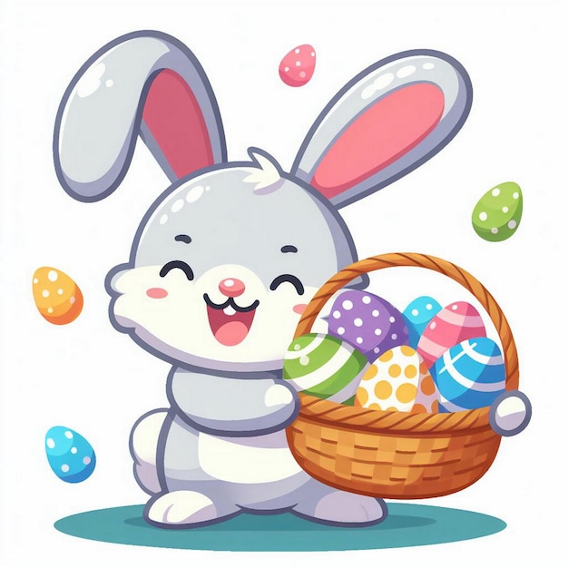 写真 イースターウサギがイースターの卵でいっぱいのバスケットを握っている