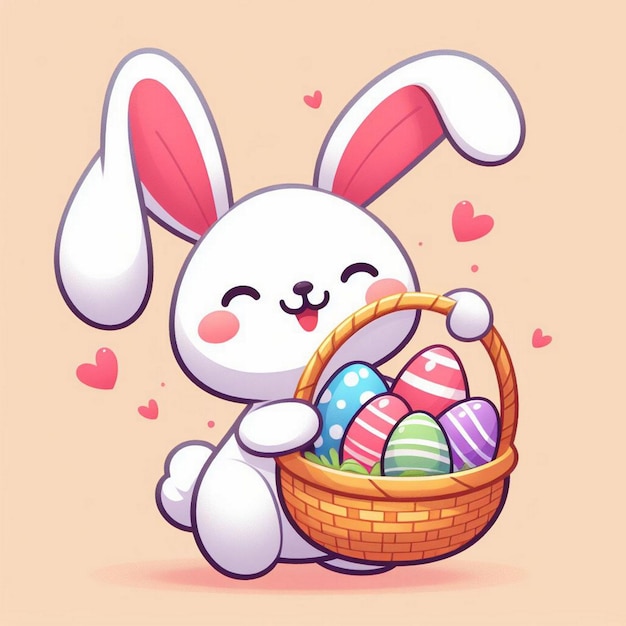 Фото Пасхальный кролик с корзиной с пасхальными яйцами