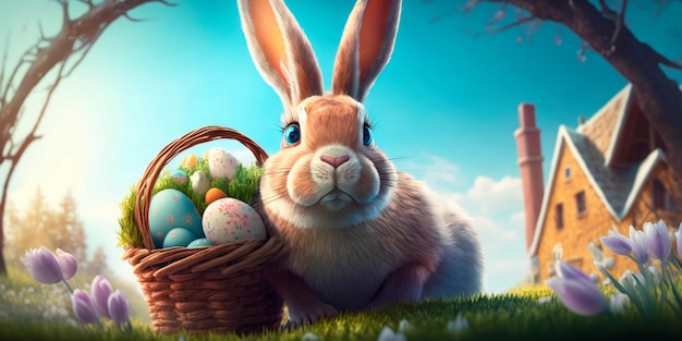 Easter bunny holding a basket of eggs Generative AI