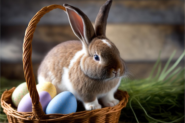 Easter bunny inside easter celebration basket with colored eggs candies and cookies