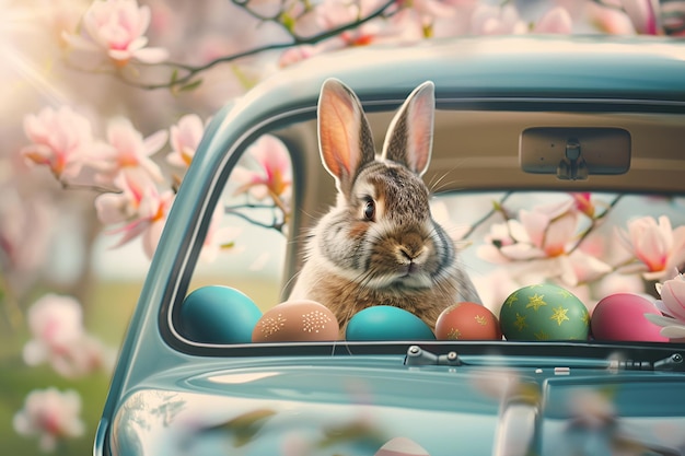 Пасхальный кролик едет в машине в сопровождении ярко окрашенных яиц