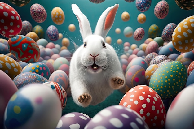 Easter Bunny Jumping with Joy on Colorful Easter Eggs Festive Background