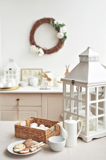 Easter Bunny Kitchen table decor Eggs and rabbits Gingerbread and sweets