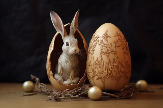 Foto coniglio di pasqua in un grande uovo di legno uova d'oro intorno