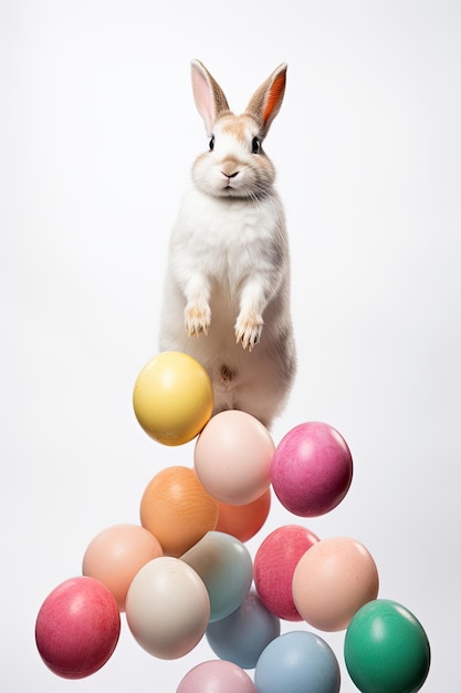 Easter bunny and levitating colored eggs on a light background