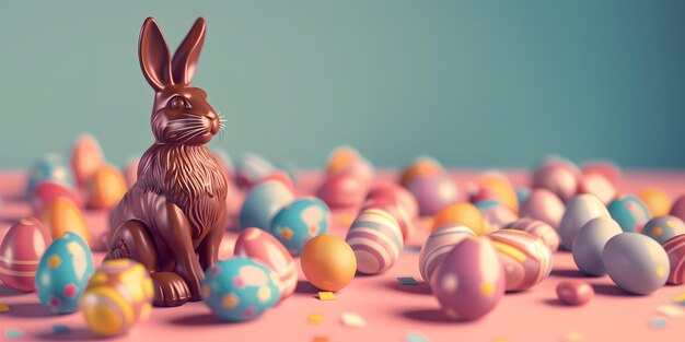 Пасхальный кролик из шоколада рядом с шоколадными яйцами Пасхальный праздник