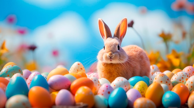 Easter bunny and many Easter eggs Selective focus Holiday