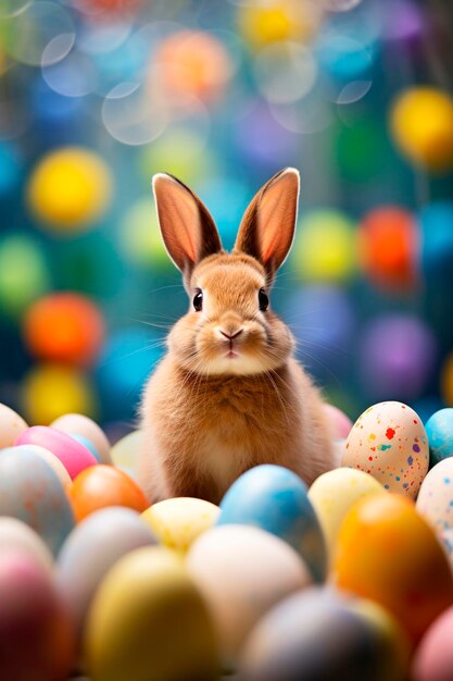 Easter bunny and many Easter eggs Selective focus Holiday