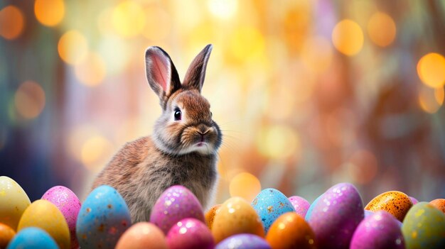 Easter bunny and many Easter eggs Selective focus Holiday