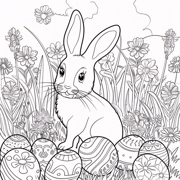 Photo easter bunny in the meadow with eggs coloring book for children