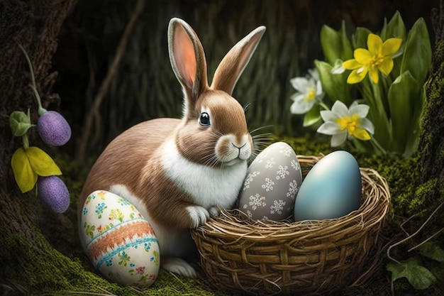 Easter bunny in a nest with eggs on a forest wood background.