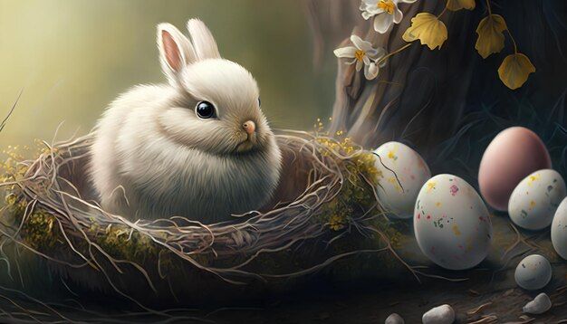 Easter bunny in a nest with eggs