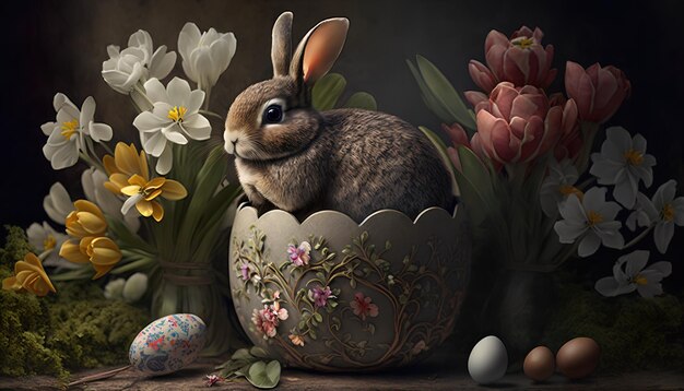Пасхальный кролик в гнезде с яйцами