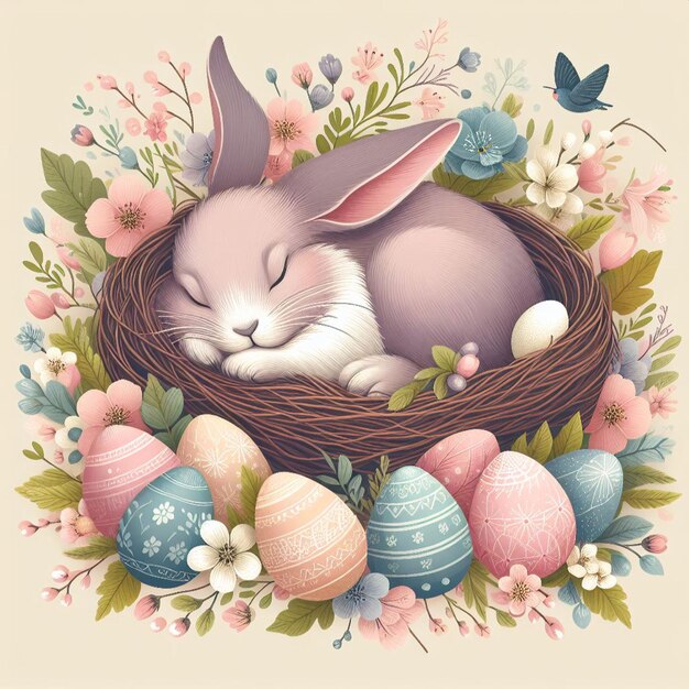 Easter bunny nestled in a cozy nest surrounded by pastelcolored eggs and delicate spring blossoms