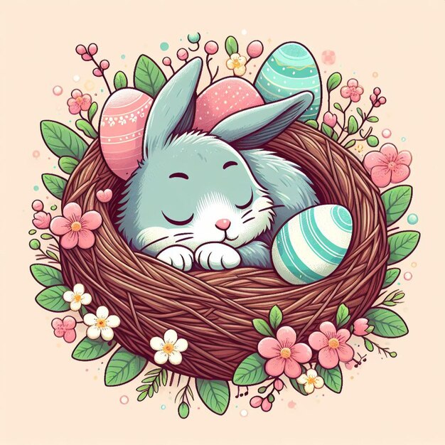 Пасхальный кролик укрыт в уютном гнезде, окруженном пастельными яйцами и нежными весенними цветами.