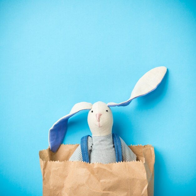 Easter bunny in a paper bag. Rabbit. Blue background.