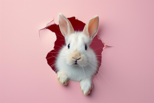 Easter bunny peeking out of a hole in pink wall