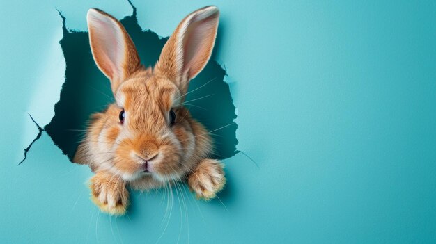 Easter bunny peeking through hole in blue fluffy rabbit ears visible torn paper effect vibrant banner AI Generative