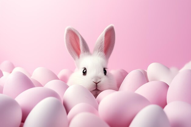 Easter bunny peeps out of the hole on pastel pink background