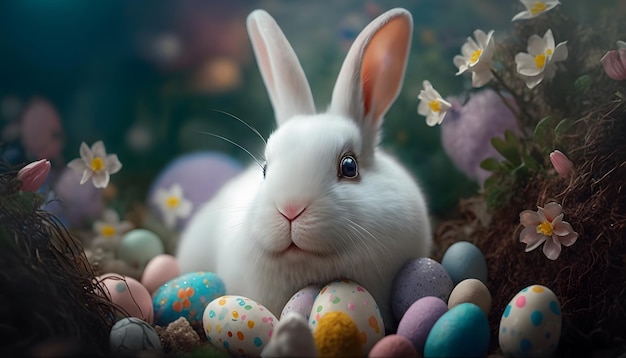 Easter bunny in a pile of eggs