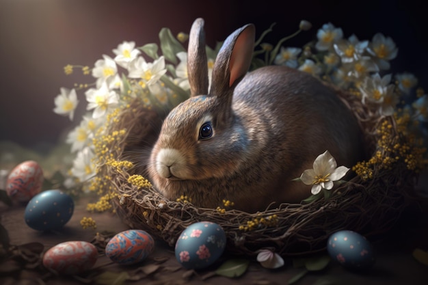 Easter bunny rabbit in easter nest and easter eggs Cute gray rabbit colorful easter eggs in flowers