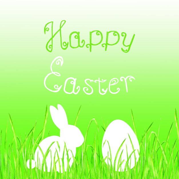 Easter bunny rabbit egg hunt background. Lime green Happy Easter template design hand drawn illustration. Greeting card with rabbit bunny egg green grass and text