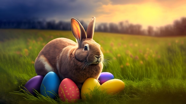 Easter bunny or rabbit on spring meadow with colorful eggs flowers at sintise holiday greeting card generative ai neural network generated art