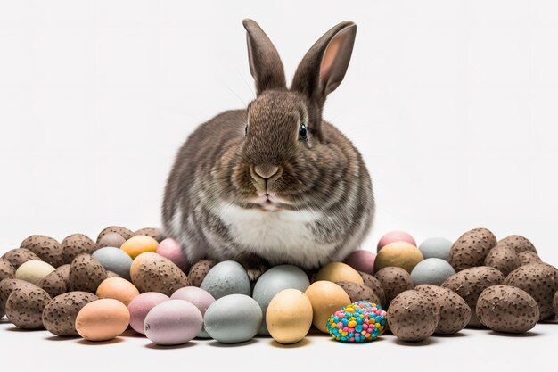 Easter bunny rabbit surrounded by colored chocolate easter eggs In studio on white background