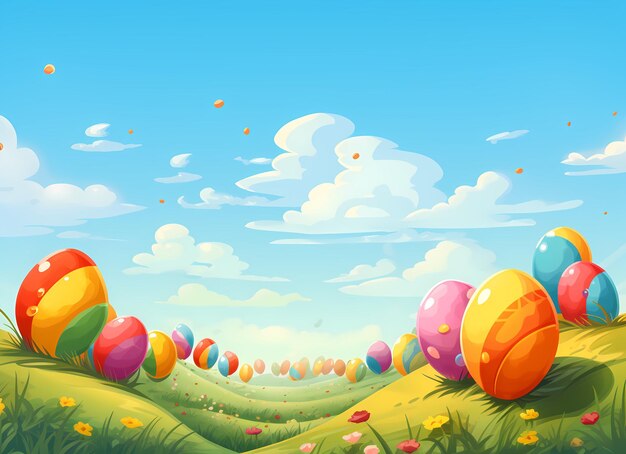 Easter bunny rabbit with decorated Easter eggs Background