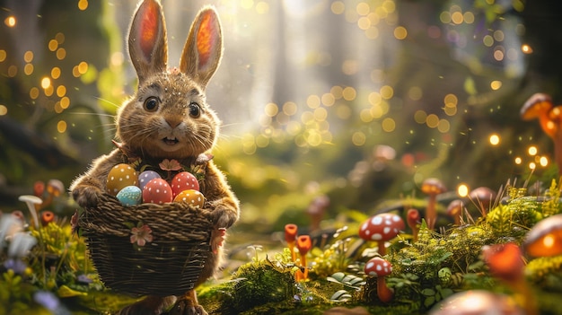 Easter Bunny rabbit with egg in wonderland Generative AI