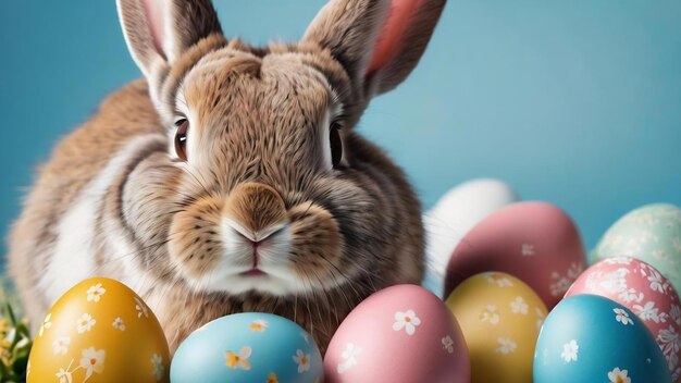 Easter bunny rabbit with painted eggs on blue background