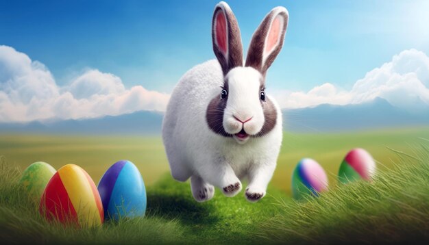 Easter bunny running in a field with easter eggs