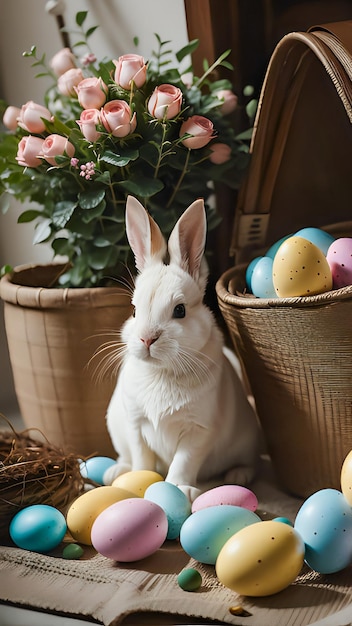 Easter bunny sits near baskets with Easter eggs