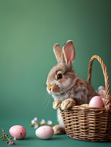 Foto coniglietto di pasqua seduto in un cesto con uova ai generativa