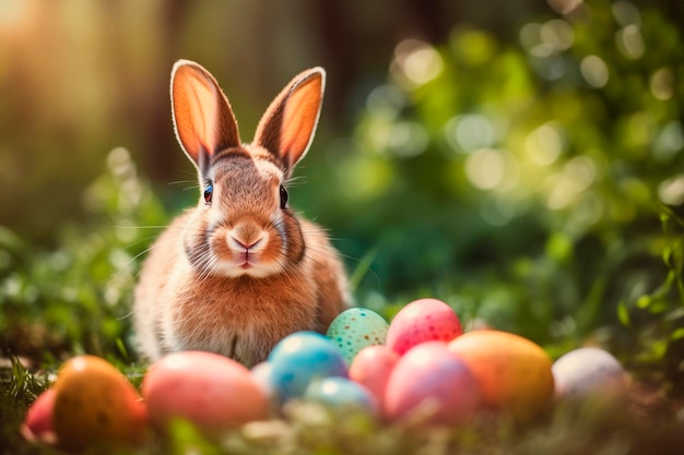 Easter bunny sitting outdoors in the grass with Easter eggs