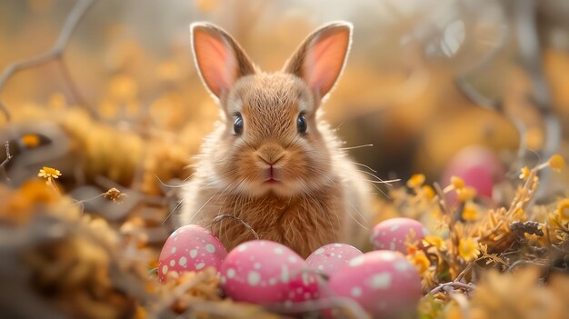 Пасхальный кролик сидит в окружении окрашенных пасхальных яиц и весенних цветов на луге для текста