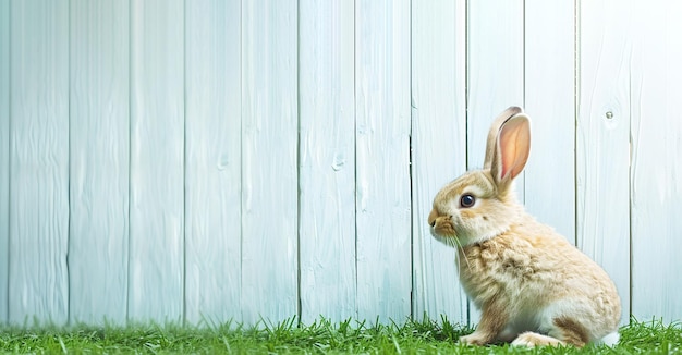 Easter bunny sitting in trimmed grass on garden lawn near empty wooden fence